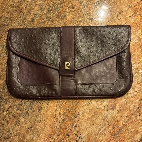 Vintage Pierre Cardin Large Ostrich Leather Envelope Clutch Bag Brown - Picture 1 of 15